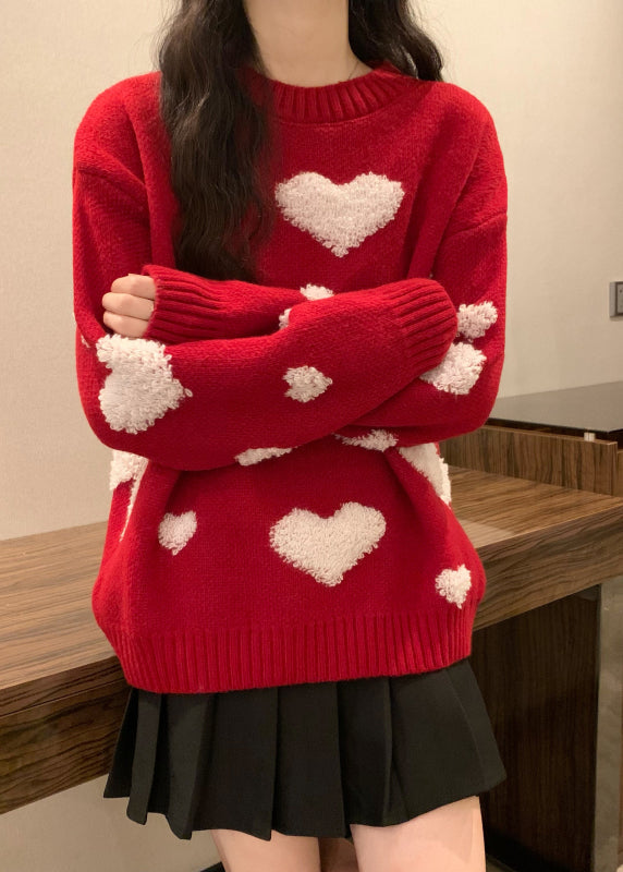 New Red O Neck Heart Jacquard Thick Knit Sweaters Winter RG043 ABC