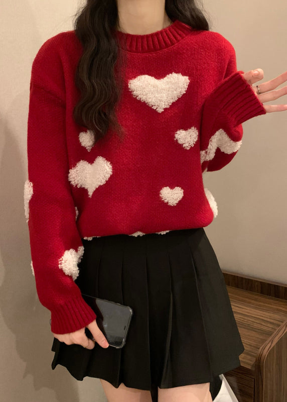 New Red O Neck Heart Jacquard Thick Knit Sweaters Winter RG043 ABC