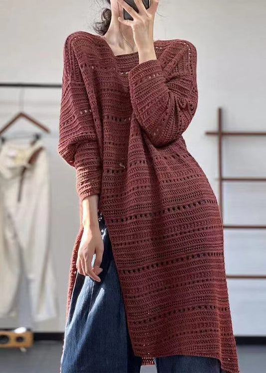 New Red O Neck Hollow Out Side Open Knit Dress Fall RU006 ABC