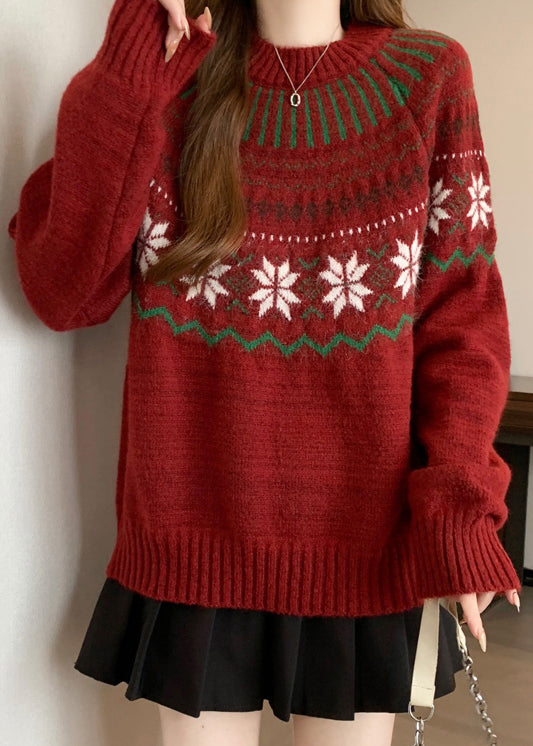 New Red O Neck Jacquard Thick Knit Sweaters Winter RG034 ABC