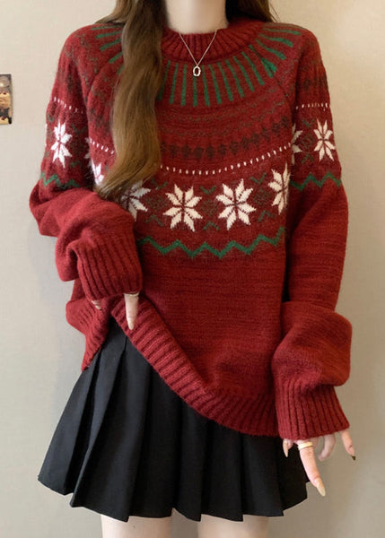 New Red O Neck Jacquard Thick Knit Sweaters Winter RG034 ABC