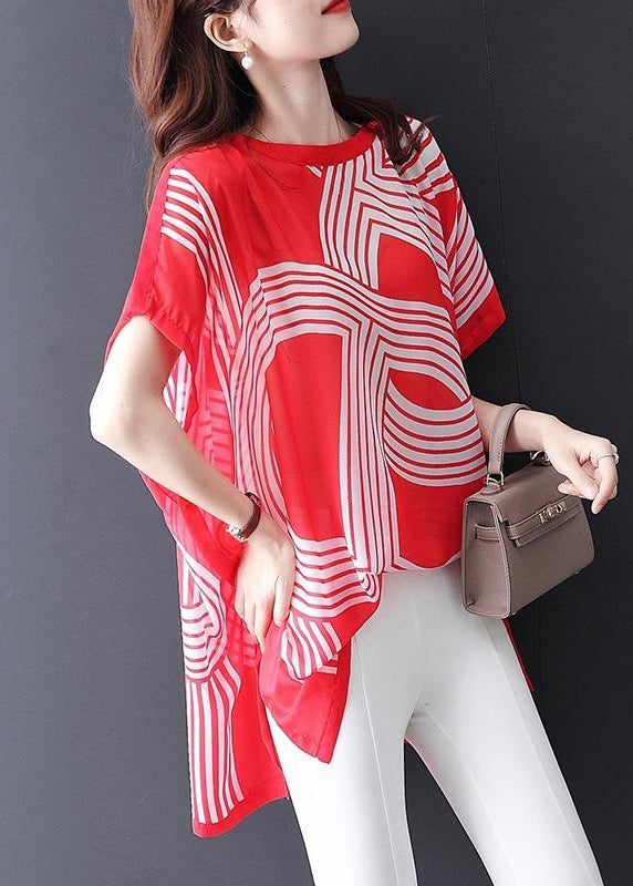 New Red O Neck Print Chiffon T Shirt Short Sleeve OP1089 Ada Fashion