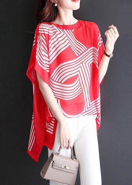 New Red O Neck Print Chiffon T Shirt Short Sleeve OP1089 Ada Fashion