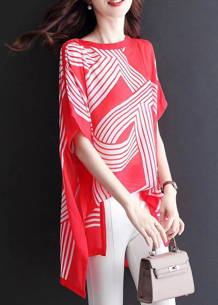New Red O Neck Print Chiffon T Shirt Short Sleeve OP1089 Ada Fashion