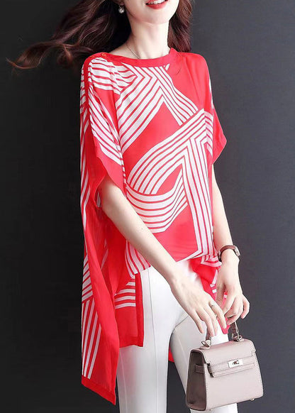 New Red O Neck Print Chiffon T Shirt Short Sleeve OP1089 Ada Fashion