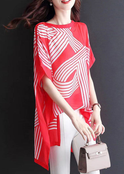 New Red O Neck Print Chiffon T Shirt Short Sleeve OP1089 Ada Fashion