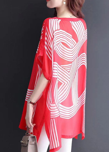 New Red O Neck Print Chiffon T Shirt Short Sleeve OP1089 Ada Fashion