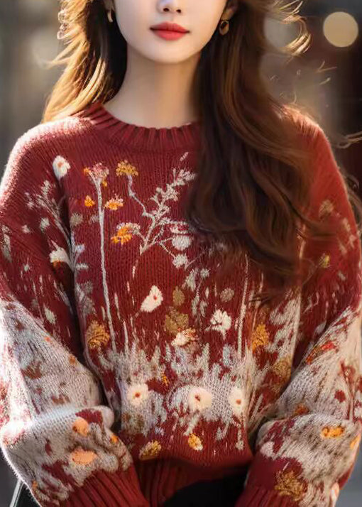 New Red O Neck Print Cozy Woolen Knit Sweaters Spring YY039 ABC