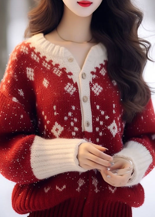 New Red O Neck Thick Print Knitted Sweaters Tops Fall WO033 HS-NTP241109