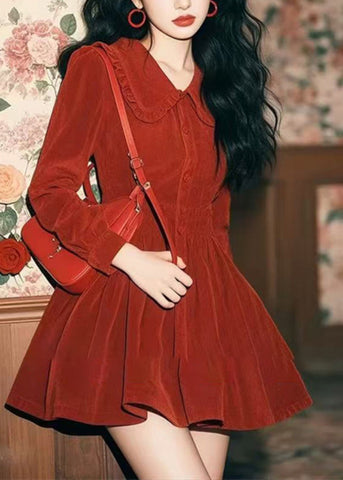 Spring Corduroy New Red Collar Peter Pan Button Dress Mid FashionChic