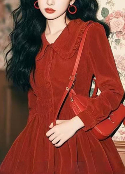 Spring Corduroy New Red Collar Peter Pan Button Dress Mid FashionChic