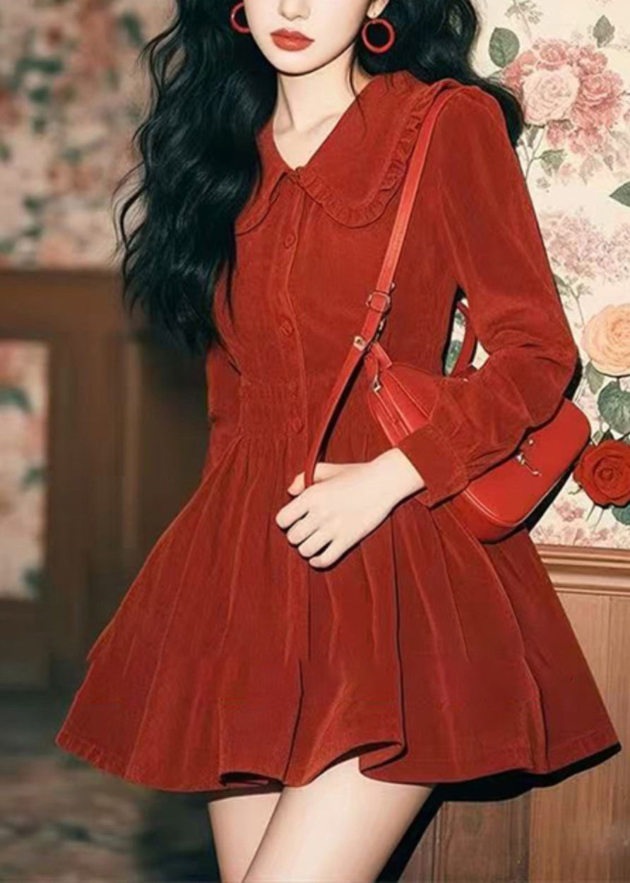 Spring Corduroy New Red Collar Peter Pan Button Dress Mid FashionChic