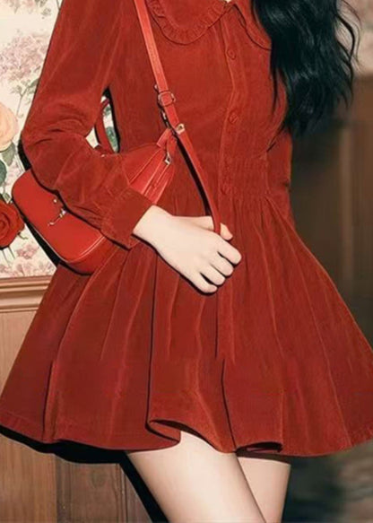 Spring Corduroy New Red Collar Peter Pan Button Dress Mid FashionChic