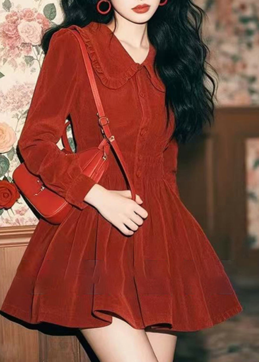 Spring Corduroy New Red Collar Peter Pan Button Dress Mid FashionChic