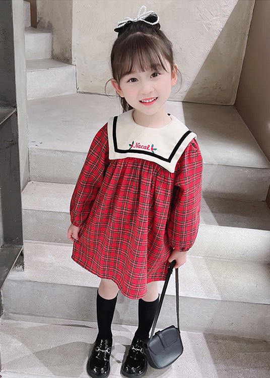 New Red Plaid Button Cotton Girls Dress Fall XZ097 FALL-MM-RCTZ-FDGL240618