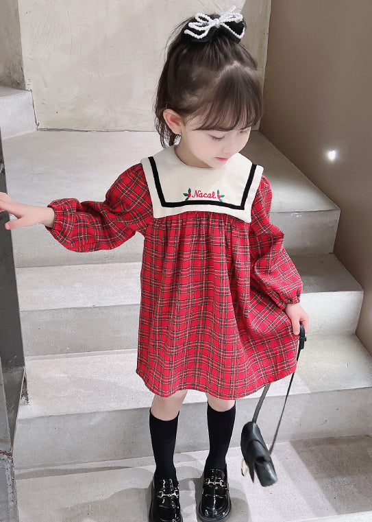 New Red Plaid Button Cotton Girls Dress Fall XZ097 FALL-MM-RCTZ-FDGL240618