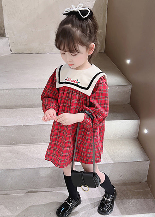 New Red Plaid Button Cotton Girls Dress Fall XZ097 FALL-MM-RCTZ-FDGL240618