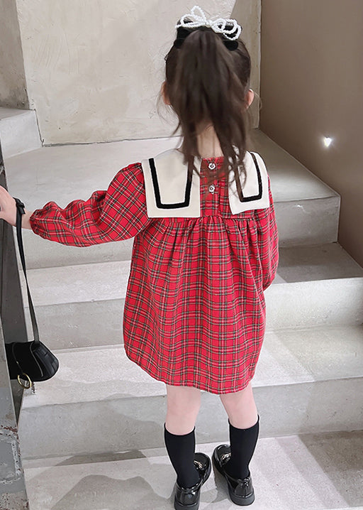 New Red Plaid Button Cotton Girls Dress Fall XZ097 FALL-MM-RCTZ-FDGL240618