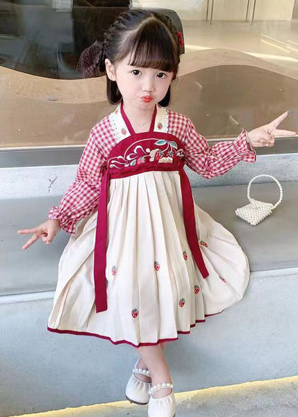 New Red Plaid Wrinkled Cotton Girls Dress Long Sleeve XZ024 FALL-MM-RCTZ-FDGL240618