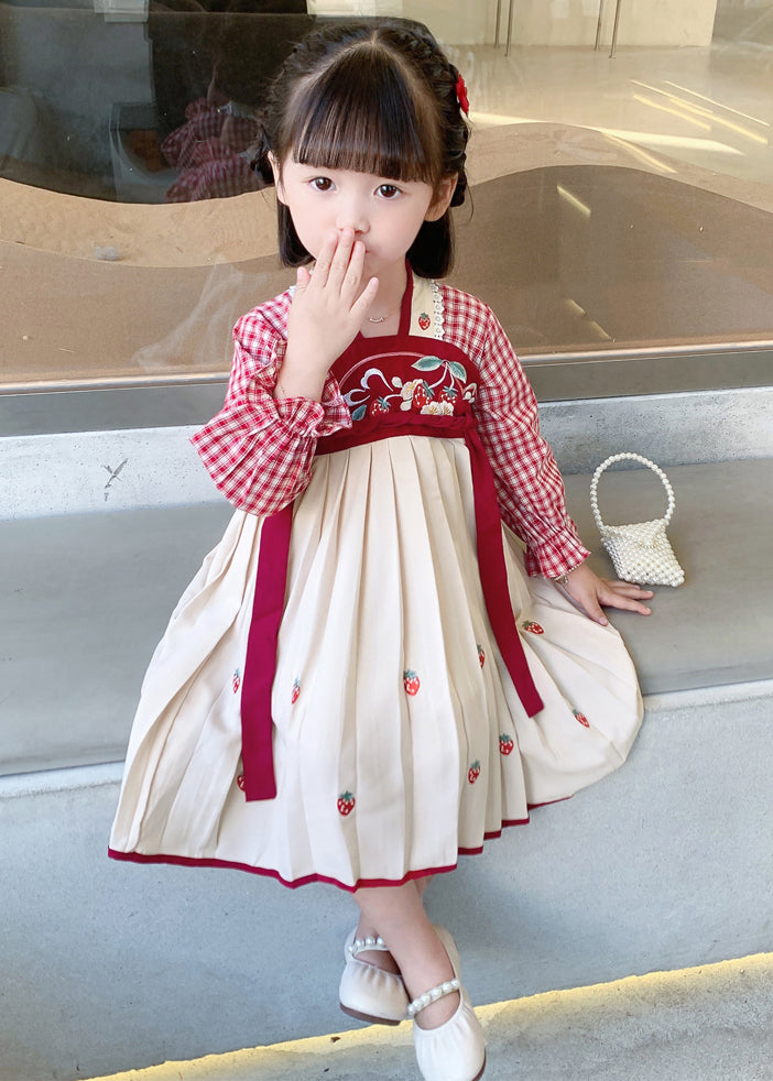 New Red Plaid Wrinkled Cotton Girls Dress Long Sleeve XZ024 FALL-MM-RCTZ-FDGL240618