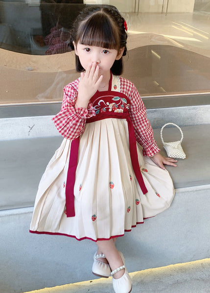 New Red Plaid Wrinkled Cotton Girls Dress Long Sleeve XZ024 FALL-MM-RCTZ-FDGL240618