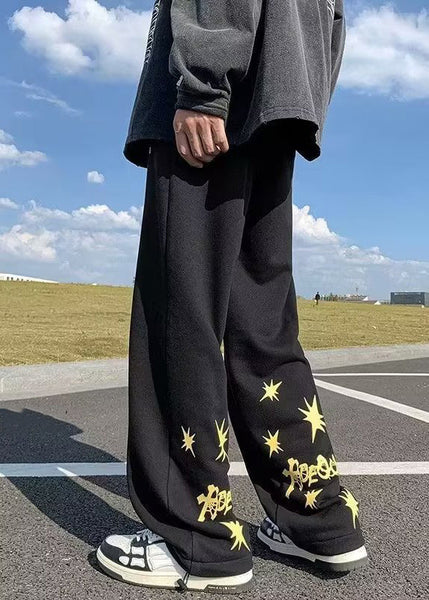 New Red Print Pockets Elastic Waist Cotton Mens Pants Fall WA044 MENP241110