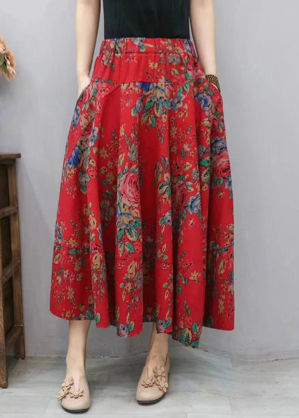 New Red Print Pockets Elastic Waist Cotton Skirt Summer RE047 MZF-SKTS240807
