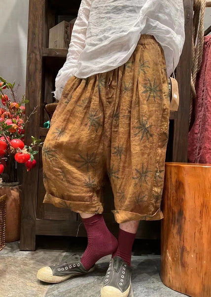 New Red Print Pockets Elastic Waist Linen Crop Pants Summer VV080 HS-CPTS240627