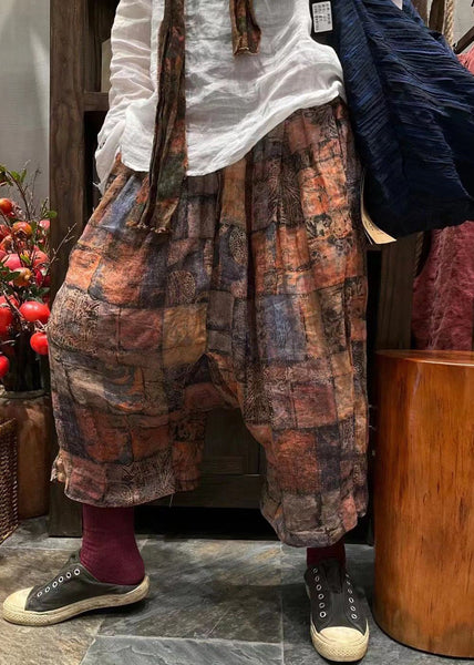 New Red Print Pockets Elastic Waist Linen Crop Pants Summer VV080 HS-CPTS240627