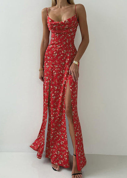 Cotton Side Strap Print Sleeveless Open New Spaghetti Red Dress FashionChic