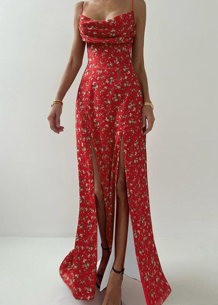 Cotton Side Strap Print Sleeveless Open New Spaghetti Red Dress FashionChic