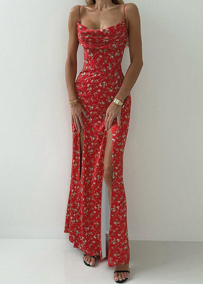 Cotton Side Strap Print Sleeveless Open New Spaghetti Red Dress FashionChic