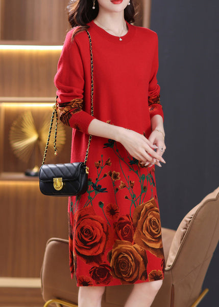 New Red Print Side Open Wool Knit Dresses Long Sleeve TB011