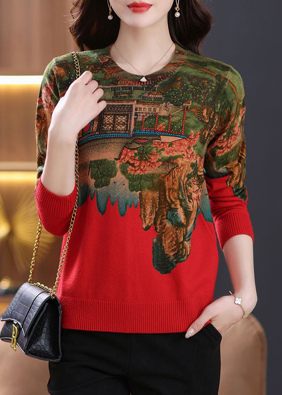 New Red Print Zircon Patchwork Knit Top Spring TB018