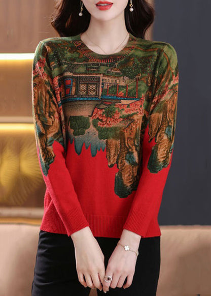 New Red Print Zircon Patchwork Knit Top Spring TB018