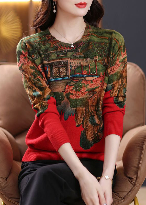 New Red Print Zircon Patchwork Knit Top Spring TB018