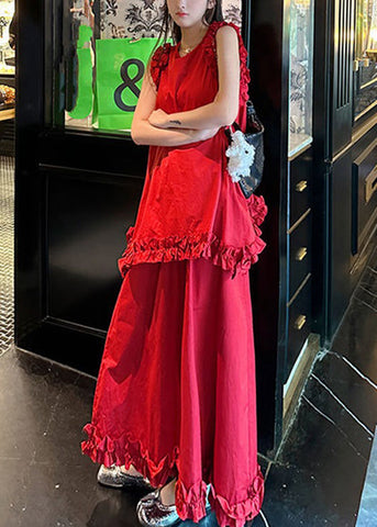 New Red Ruffled Tops And Skirts Cotton Two Piece Set Sleeveless XX005 SH-LF-TPIEC240611