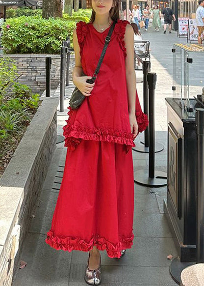 New Red Ruffled Tops And Skirts Cotton Two Piece Set Sleeveless XX005 SH-LF-TPIEC240611