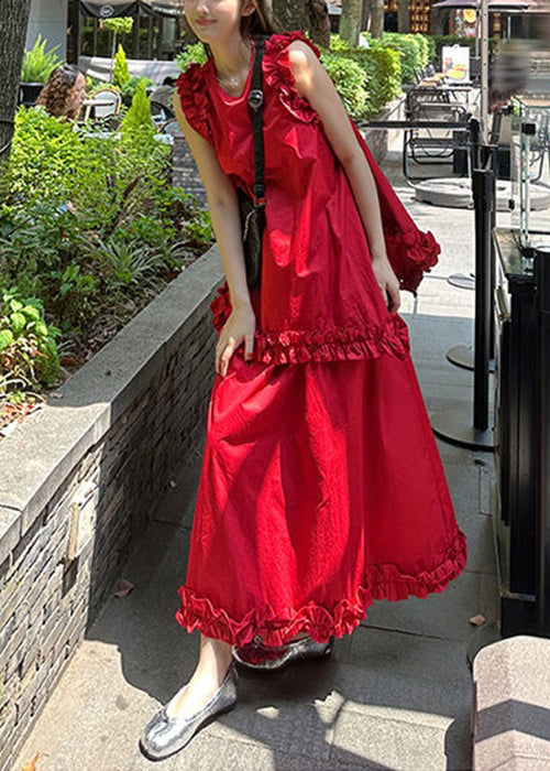 New Red Ruffled Tops And Skirts Cotton Two Piece Set Sleeveless XX005 SH-LF-TPIEC240611