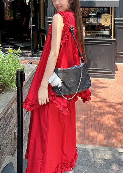 New Red Ruffled Tops And Skirts Cotton Two Piece Set Sleeveless XX005 SH-LF-TPIEC240611