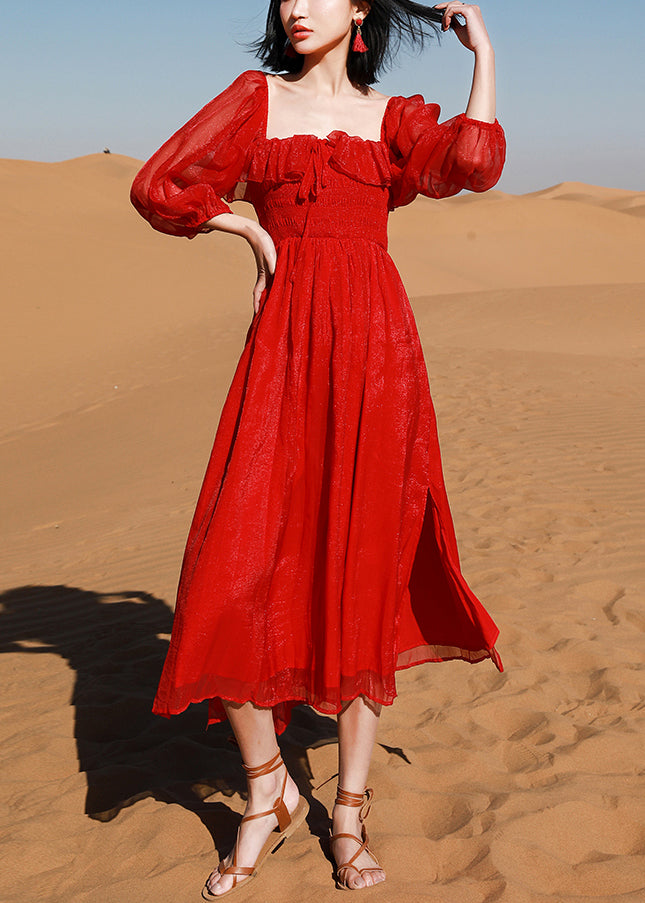Puff Cotton New Square Red Collar Open Side Sleeve Beach Dress FashionChic