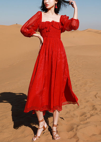 Puff Cotton New Square Red Collar Open Side Sleeve Beach Dress FashionChic