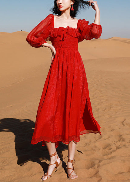 Puff Cotton New Square Red Collar Open Side Sleeve Beach Dress FashionChic