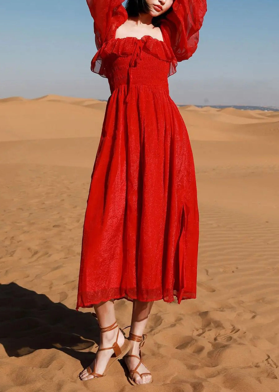 Puff Cotton New Square Red Collar Open Side Sleeve Beach Dress FashionChic