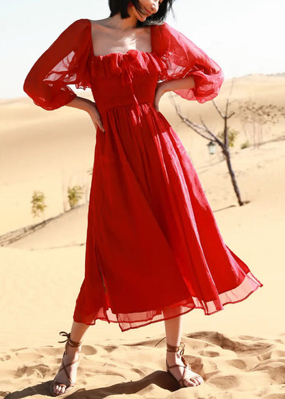 Puff Cotton New Square Red Collar Open Side Sleeve Beach Dress FashionChic
