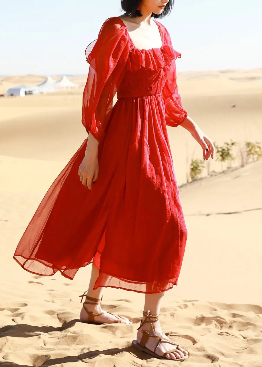 Puff Cotton New Square Red Collar Open Side Sleeve Beach Dress FashionChic