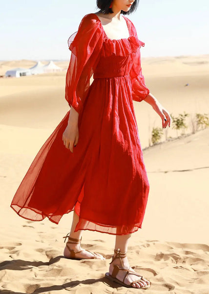 Puff Cotton New Square Red Collar Open Side Sleeve Beach Dress FashionChic