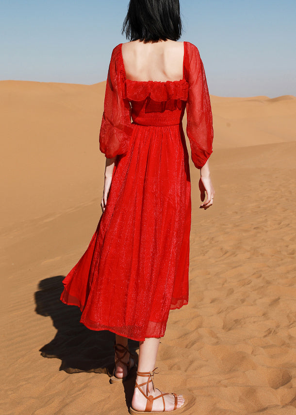 Puff Cotton New Square Red Collar Open Side Sleeve Beach Dress FashionChic