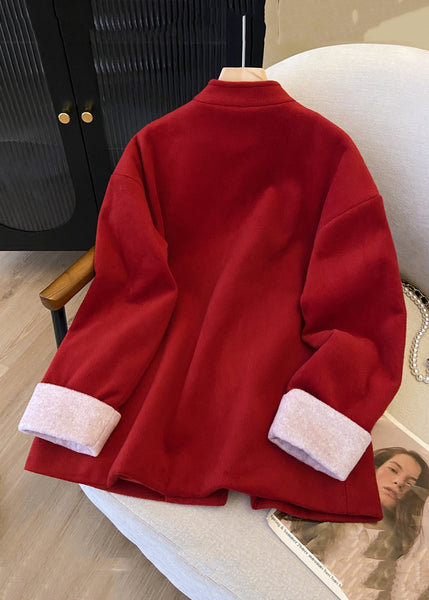 New Red Stand Collar Button Pockets Thick Woolen Coats Winter QG033 OM-CTS241016