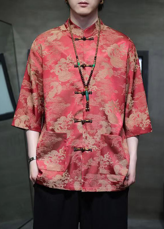 New Red Stand Collar Print Ice Silk Men Shirts Half Sleeve YT064 Men-Silk-MENSTP240721